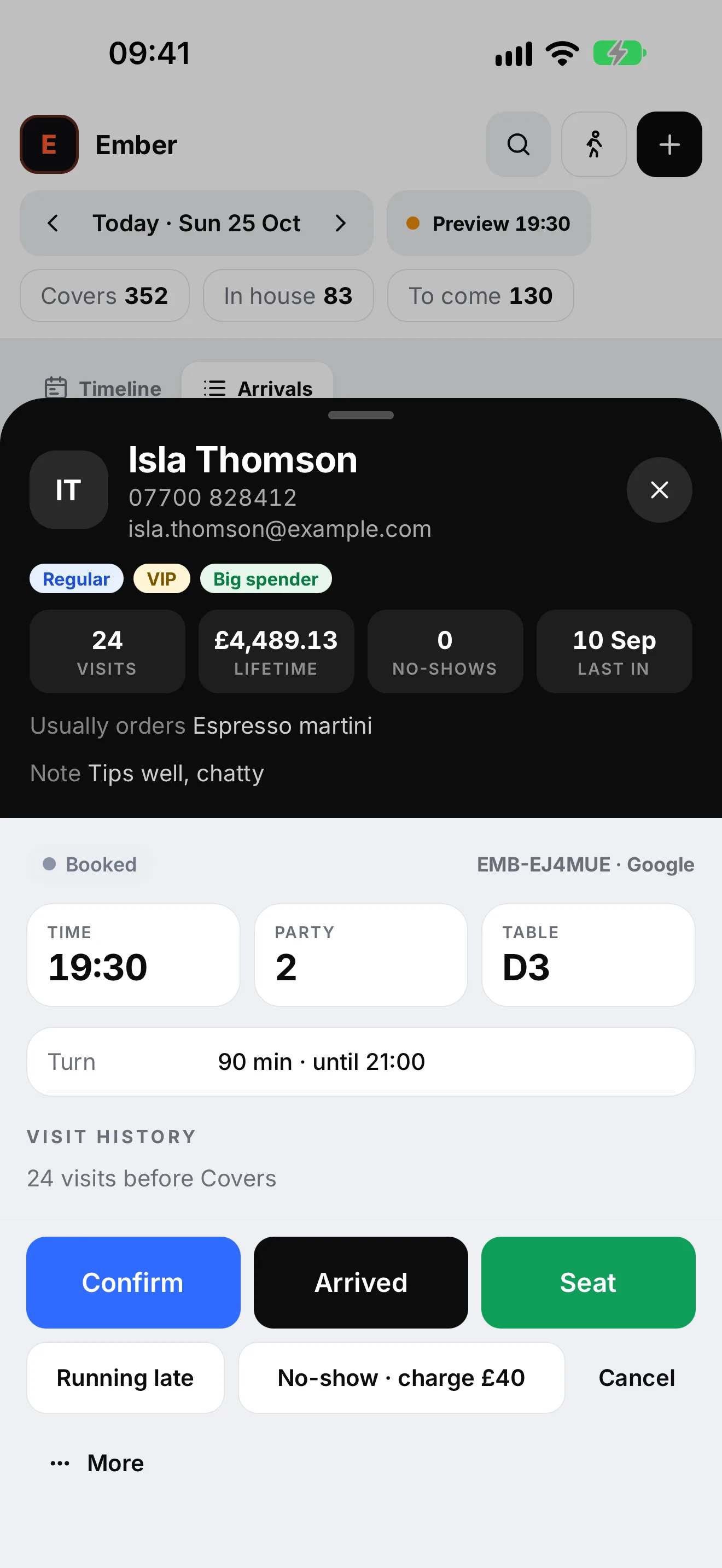 A booking open on iPhone: Isla Thomson, tagged Regular, VIP and Big spender, with 24 visits, £4,489.13 lifetime spend and a usual order of espresso martini, a table for 2 at 19:30 on D3, and buttons to Confirm, mark Arrived or Seat.