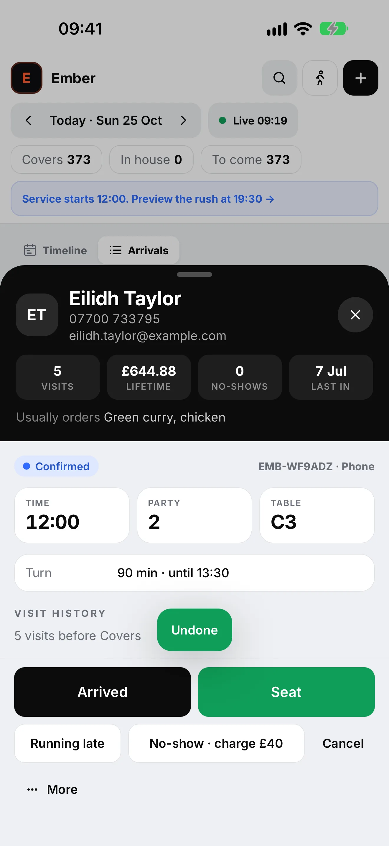 The same booking after a change was undone: a green Undone toast, the status back to Confirmed, and buttons for Arrived, Seat, Running late, No-show and Cancel.